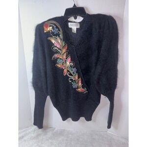 Side Effect Embellished Sweater Vintage Black V Neck Party Top Size M